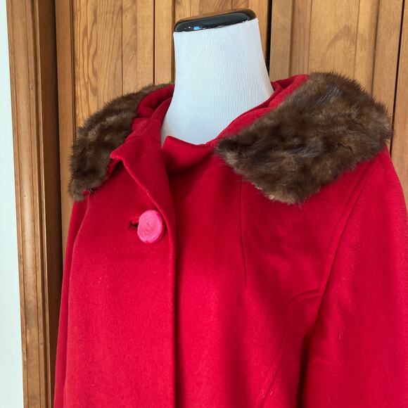 Vintage Penn Craft Red Wool Coat With Fur Collar, Size S/M - Picture 5 of 10